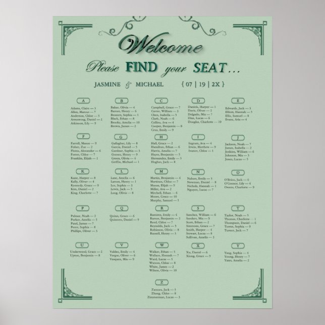 Chic Sage-Eukalyptus-Grün Hochzeit Sitzplan   Poster (Vorne)