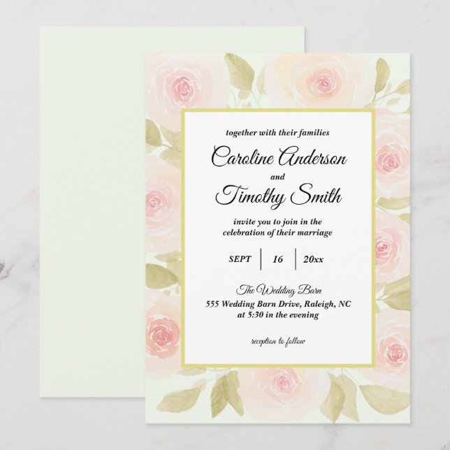 Chic Sage Green and Pink Rose Watercolor Wedding Einladung (Vorne/Hinten)