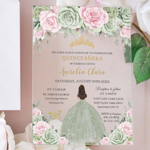 Chic Sage Green Baby Pink Floral Gold Quinceañera Acryleinladungen