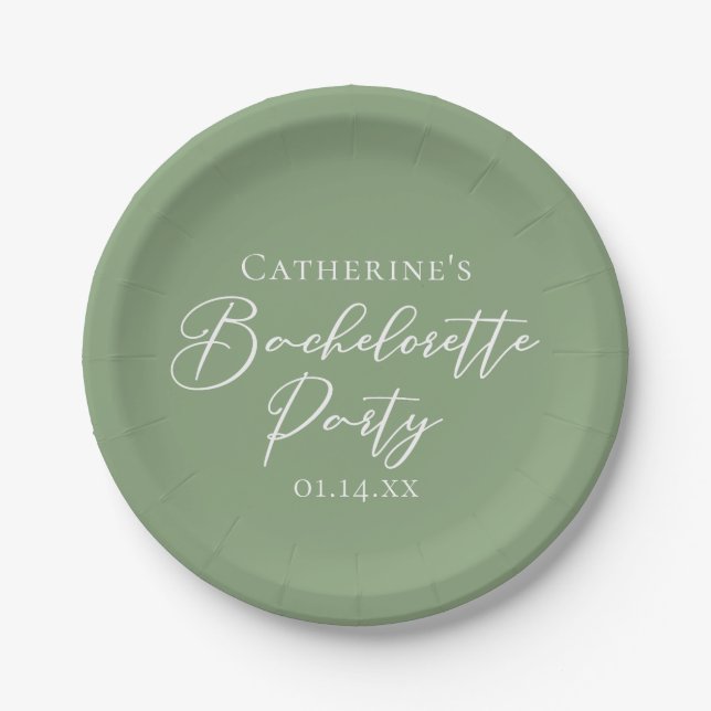 Chic Sage Green Bachelorette Party Personalized Pappteller (Vorderseite)
