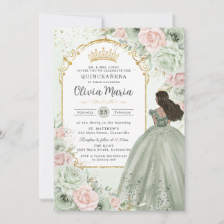 Chic Sage Green Blush Bloral Prinzessin Quinceañer Einladung