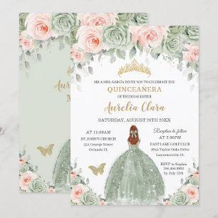 Chic Sage Green Blush Blumenhaar Quinceañera Einladung
