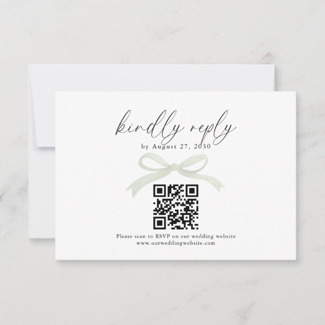 Chic Sage Green Bow Ribbon QR Code Wedding Rsvp Karte (Vorderseite)