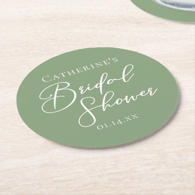 Chic Sage Green Brautparty Personalisiert Runder Pappuntersetzer (Angewinkelt)