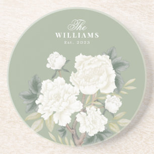 Chic Sage Green Chinoiserie Floral Family Monogram Getränkeuntersetzer