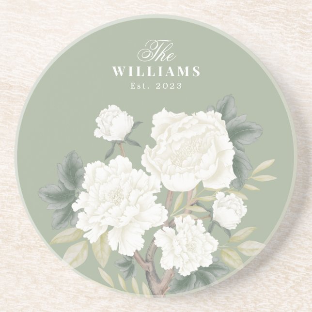 Chic Sage Green Chinoiserie Floral Family Monogram Getränkeuntersetzer (Vorne)