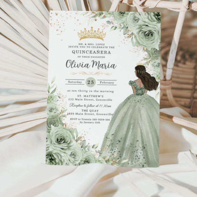 Chic Sage Green Floral Brown Prinzessin Quinceañer Einladung (Von Creator hochgeladen)