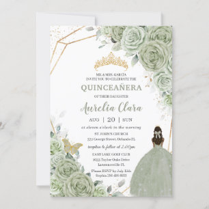 Chic Sage Green Floral Brown Prinzessin Quinceañer Einladung