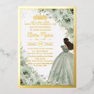 Chic Sage Green Floral Brown Prinzessin Quinceañer Folieneinladung