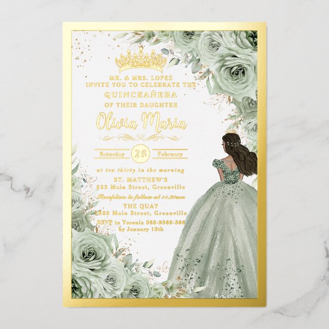 Chic Sage Green Floral Brown Prinzessin Quinceañer Folieneinladung (Vorderseite)