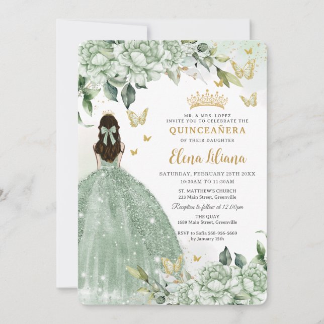 Chic Sage Green Floral Butterfliegen Quinceañera Einladung (Vorderseite)