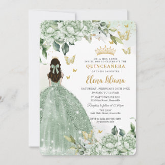 Chic Sage Green Floral Butterfliegen Quinceañera Einladung