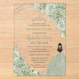 Chic Sage Green Floral Prinzessin Silver Quinceañe Acryleinladungen