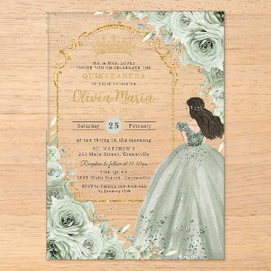 Chic Sage Green Floral Rose Princess Quinceañera Acryleinladungen