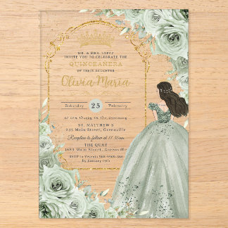 Chic Sage Green Floral Rose Princess Quinceañera Acryleinladungen