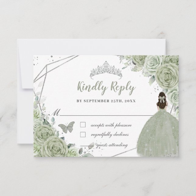 Chic Sage Green Floral Silver Quinceañera Princess RSVP Karte (Vorderseite)