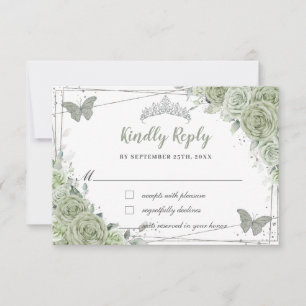 Chic Sage Green Floral Silver XV 15 16 Quinceañera RSVP Karte