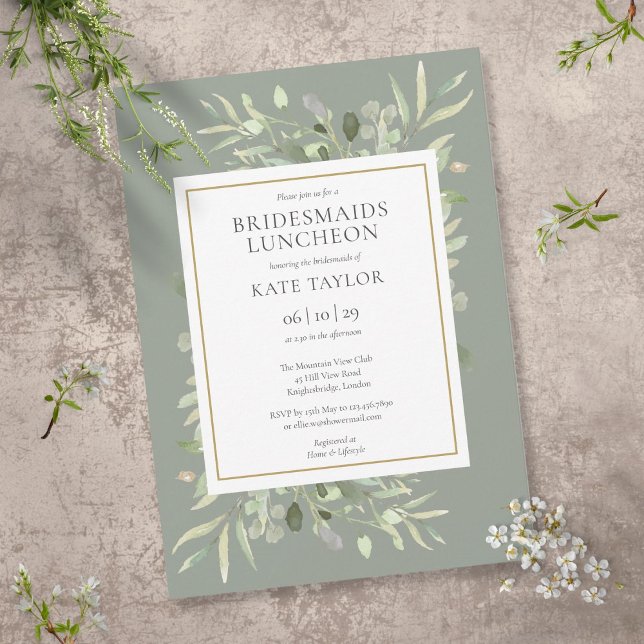 Chic Sage Green Gold Greenery Bridesmaids Luncheon Einladung (Von Creator hochgeladen)