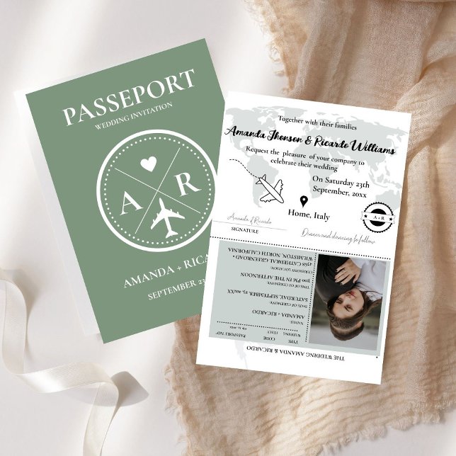 Chic Sage Green Passport Foto Einladung Hochzeit (Von Creator hochgeladen)