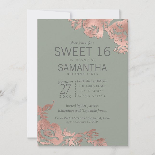 Chic Sage Green Rose Gold Floral Sweet 16 Einladung (Vorderseite)