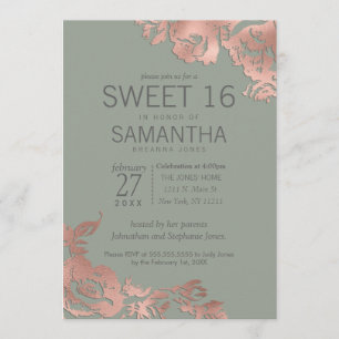 Chic Sage Green Rose Gold Floral Sweet 16 Einladung