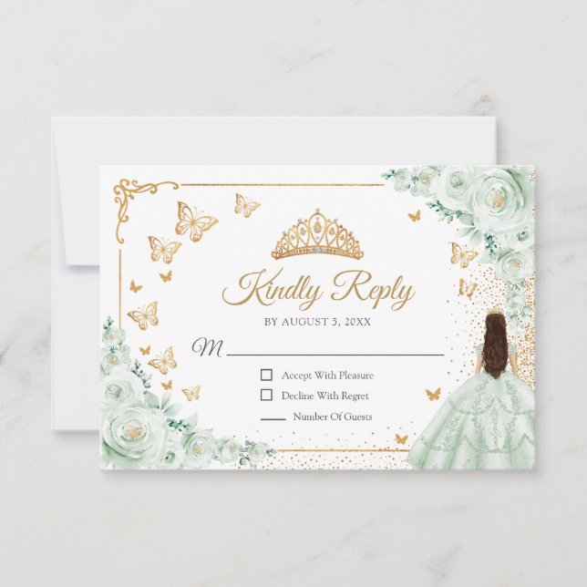 Chic Sage Green Roses Gold Quinceanera Reply RSVP Karte (Vorderseite)