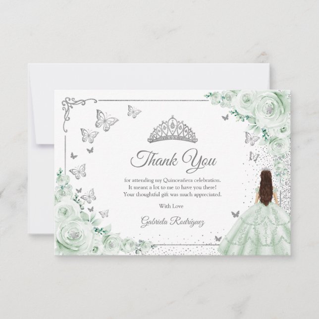 Chic Sage Green Roses Silver Quinceanera Dankeskarte (Vorderseite)