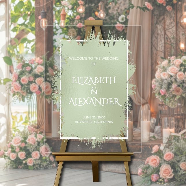 Chic Sage Green Splash Hochzeit Willkommen Acrylschild (Chic sage green splash wedding welcome acrylic sign)