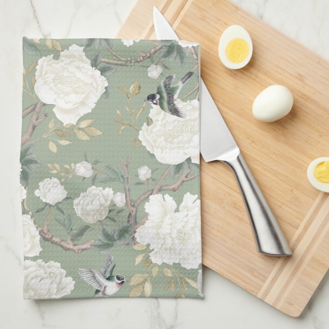 Chic Sage Green White Chinoiserie Florenz Geschirrtuch (Viertel Falte)