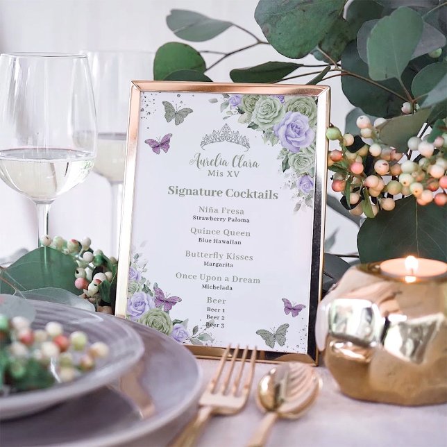 Chic Sage Lila Blumenkarte Quinceanera Bar Drink M Fotodruck (Von Creator hochgeladen)