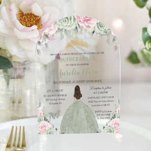 Chic Salbeigrün Babyrosa Florales Kleid Quinceañer Acryleinladungen