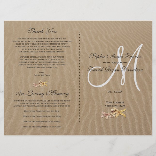 Chic Sand and and Starfish Beach Wedding Program Flyer (Vorne)