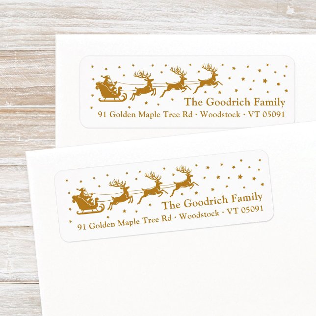 Chic Santa's Sleigh Gold Weihnachtszeit Rücksendea (Festive, antique gold Santa's reindeer sleigh in a starry sky Christmas return address label.)