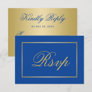 Chic Sapphire Blue Gold Script Calligrafy Wedding RSVP Karte