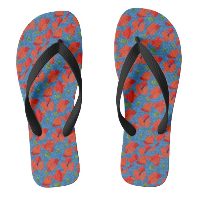 Chic Scarlet Field Poppies auf blauem Hintergrund Flip Flops (Fußbett)