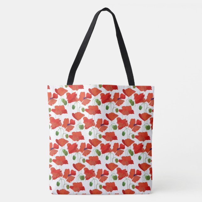 Chic Scarlet Field Poppies Blumenmuster auf Weiß Tasche (Vorderseite)