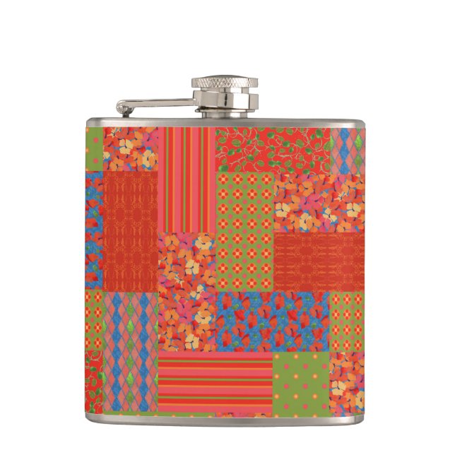Chic Scarlet Poppies Imitate-Patchwork Hip Flask Flachmann (Vorderseite)