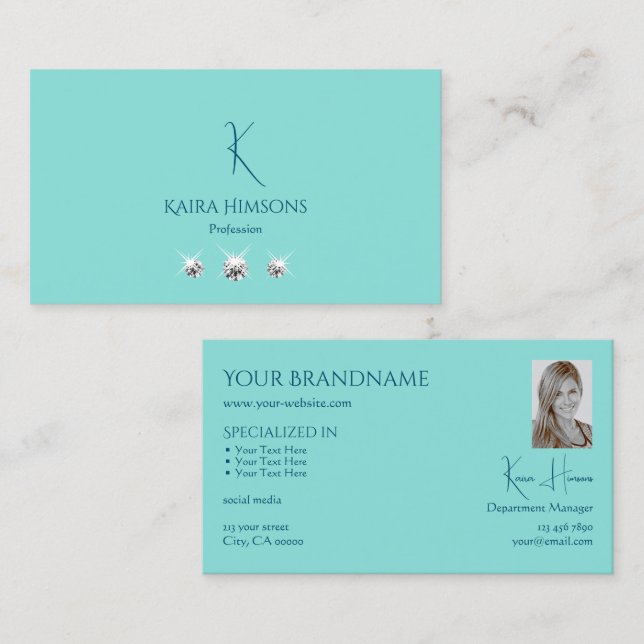 Chic Schlicht Aquamarin mit Monogram Foto und Juwe Visitenkarte (Vorne/Hinten)