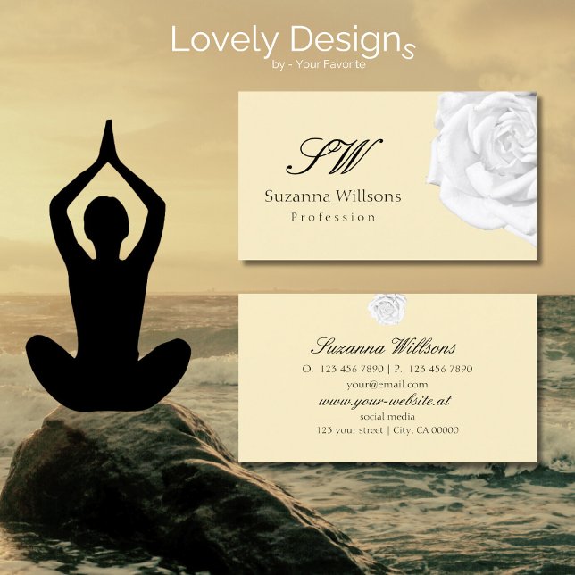 Chic Schlicht Peach Beige Weiße Rose mit Initialen Visitenkarte (Von Creator hochgeladen)