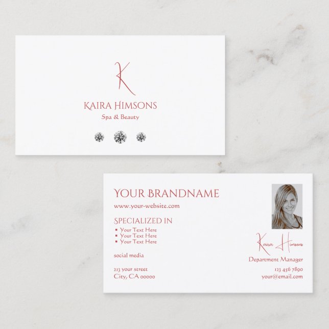 Chic Schlicht White mit Monogram Foto und Diamonds Visitenkarte (Vorne/Hinten)