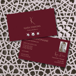 Chic Schlicht Wine Red mit Monogram Foto und Juwel Visitenkarte