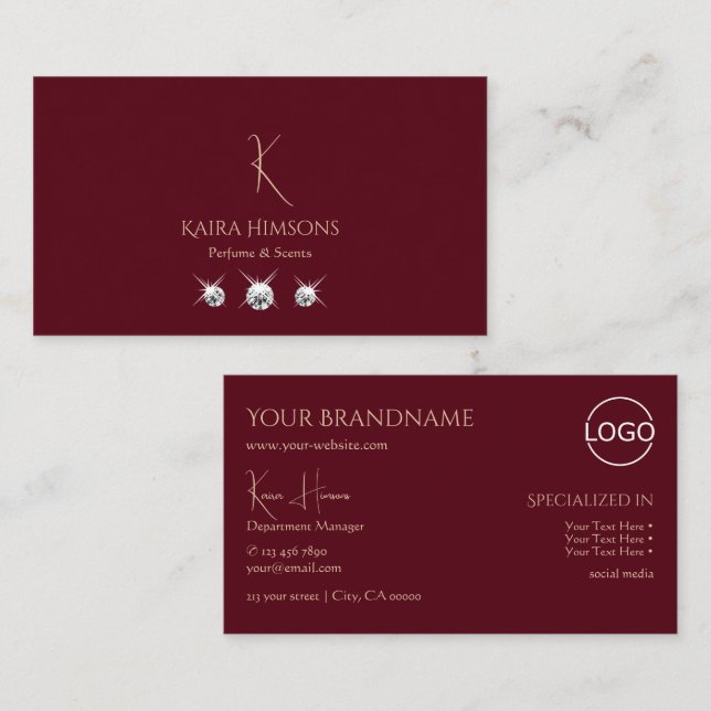 Chic Schlicht Wine Red mit Monogram Logo und Juwel Visitenkarte (Vorne/Hinten)