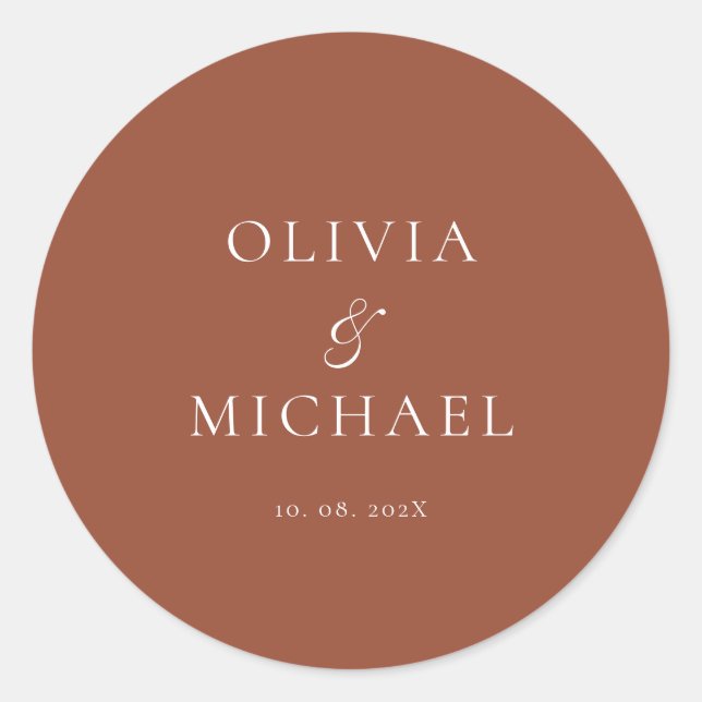 Chic Schrift Terrakotta Minimalistische Hochzeit Runder Aufkleber (Vorderseite)