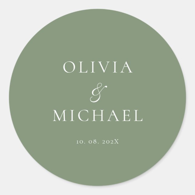 Chic Schriftart Sage Grün Minimalistische Hochzeit Runder Aufkleber (Vorderseite)