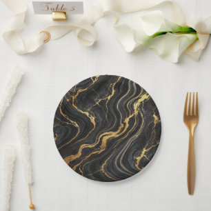 Chic Schwarz & Gold Metallisch Marmor-Look Glamour Pappteller