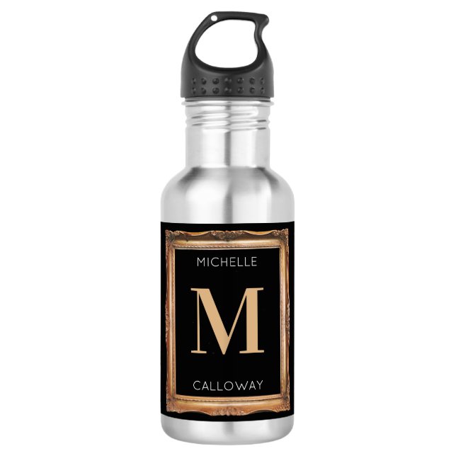 Chic-Schwarz-Gold-Monogramm Edelstahlflasche (Vorderseite)