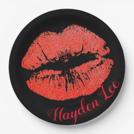 Chic-Schwarz-u. Glitzer-rote Lippen drucken Pappteller