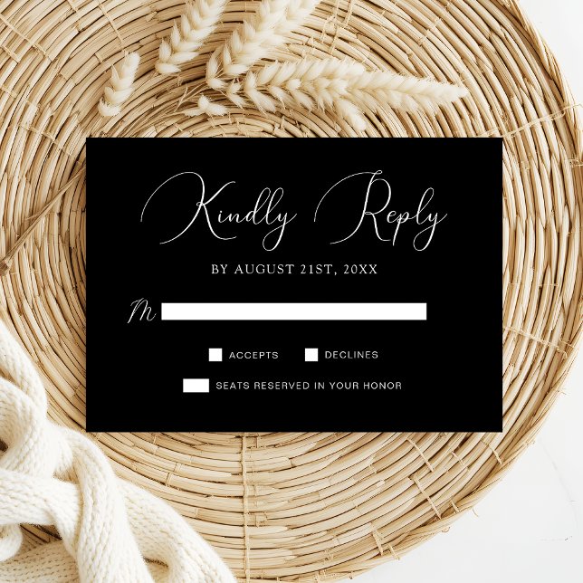 Chic Schwarz-weiß Calligraphy Script Wedding RSVP Karte (Von Creator hochgeladen)