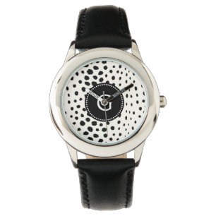 Chic Schwarz-weiß Cheetah Printmuster Monogramm Armbanduhr