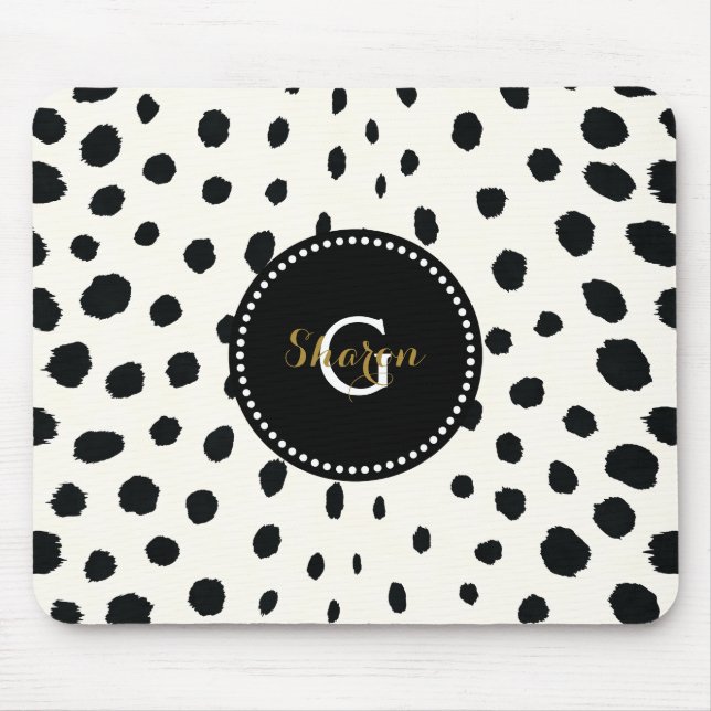 Chic Schwarz-weiß Cheetah Printmuster Monogramm Mousepad (Vorne)